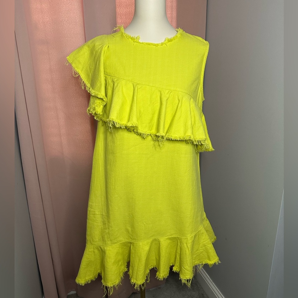 EUC ASOS Textured Ruffle Chartreuse Dress Raw Edge BONUS Matching J. Crew Clutch